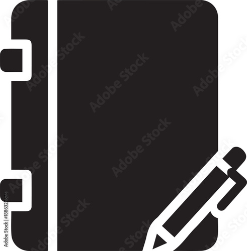 Notebook and pen icon for note-taking, representing business planning, educational study, and office journalism. Minimalist black vector silhouette for agenda, diary, and creative writing.