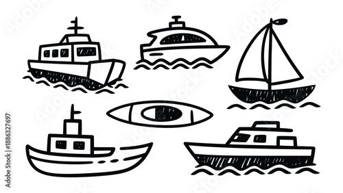 Nautical Transport Illustration: An artistic display showcases a collection of diverse boat illustrations. Each boat represents unique maritime transportation.