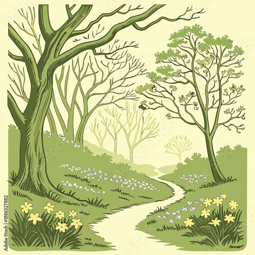 Vibrant Spring Forest Entrance with Young Trees and Fresh Greenery