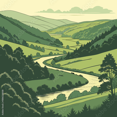 Valley Landscape Outline with Winding River Flow