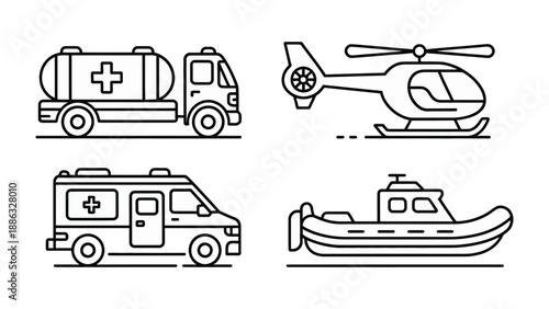 Emergency Vehicle Set: A collection of meticulously drawn emergency vehicles, from a water ambulance to a helicopter. This illustration captures the essence of life-saving transport.