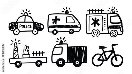 Emergency Vehicle Collection: Hand-drawn illustrations capture the essence of various emergency vehicles, showcasing the essential tools that keep society safe. 