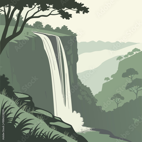 Thin Vertical Line Art Waterfall Flowing from Cliff