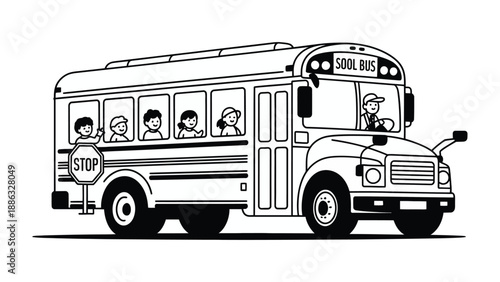 School Bus Scene: An illustration captures the essence of childhood, showcasing a school bus transporting a group of children. The bus, with the iconic stop sign.