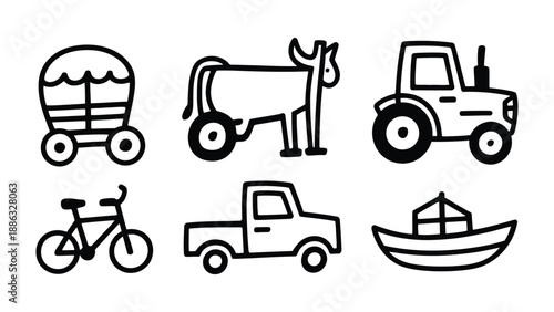Farm Transportation Icon Collection: A hand-drawn collection showcasing a variety of agricultural vehicles and tools, embodying the essence of rural life. 
