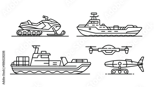 Modern Transport Collection: A curated collection of diverse transport vehicles, presented in sleek line art. Evoking a sense of adventure, innovation and versatility, perfect for design needs.