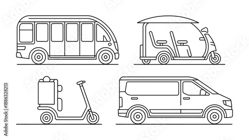 Urban Mobility: Streamlined outlines of various vehicles, embodying the essence of contemporary transportation with clean, minimalist design. 