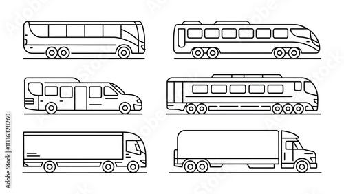 Streamlined Transport: A series of sleek vehicles, depicted in minimalist black and white line art, represent a spectrum of transportation options.