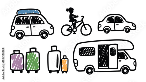 Road Trip Essentials: A hand-drawn illustration showcases the essential elements for a perfect road trip – cars, a camper van, a bicycle, and luggage.