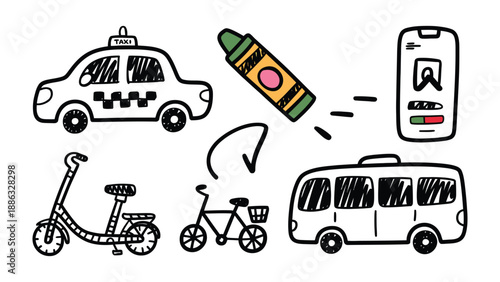 Transportation Doodle: A whimsical illustration of modern transport with a crayon. featuring various modes of getting around, from city travel to personal mobility.