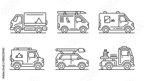 Vehicle Lineup: Six detailed line art illustrations showcasing a variety of vehicles, each offering a unique glimpse into transport, adventure and utility.