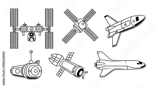 Spacecraft in Exploration: A collection of various spacecraft designs, illustrating the innovation and wonder of space exploration, including space stations, satellites, and spacecraft.