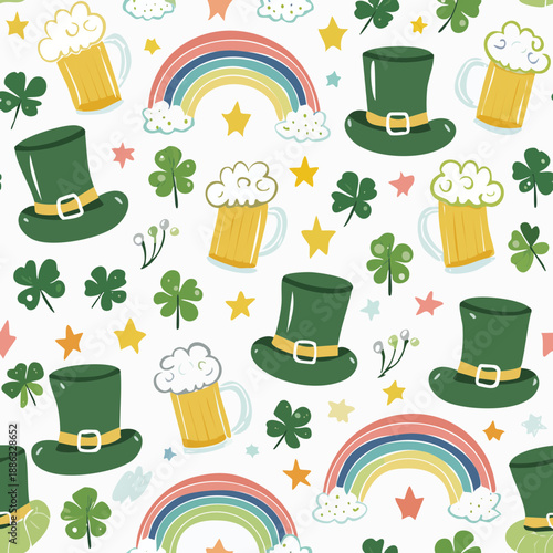 St. Patrick’s Day Seamless Pattern – Leprechaun Hat, Beer Mug, Shamrock, and Rainbow Vector Design