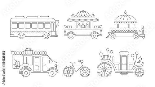 Vehicular Variety: A collection of various vehicle illustrations, ranging from buses to bicycles, representing different modes of transport. 