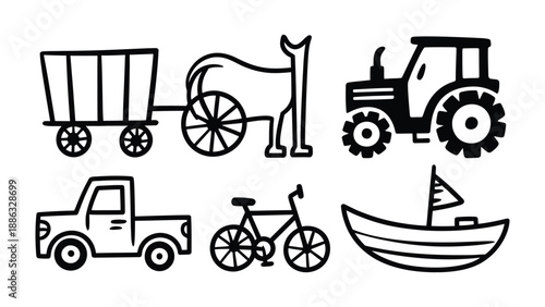 Vehicular Variety: A collection of stylized transportation icons, offering a glimpse of the varied modes of getting around, from land to sea. 