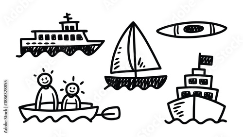 Naval doodles: A collection of simple vessel and people doodles, including a boat, ship, kayak, and sailboat with a nautical flag, evoking a sense of marine life.