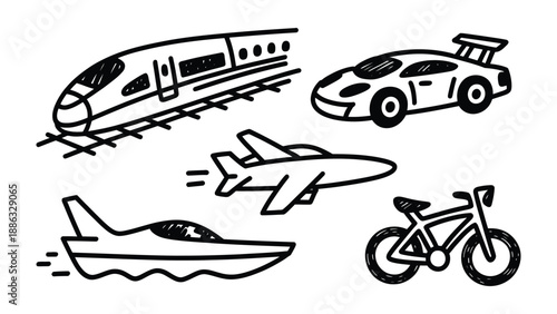 Transportation Collection: A set of simple line drawings depicting various modes of transportation, highlighting the diversity of transport options.