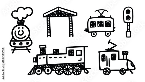 Whimsical Train Journey: Charming hand-drawn illustrations evoke the spirit of train travel, featuring a classic locomotive and a railway station, inviting viewers to explore the magic of the rails.