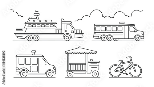 Vehicular Lineup: A clean and minimalist illustration showcases a diverse collection of transport modes, each rendered in a sleek, monochrome line style.