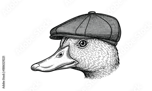 Duck head wearing newsboy cap vintage style hand drawn engraving illustration