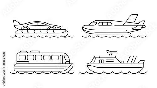 Transportation Collection: A set of simplified illustrations showcasing various modes of transportation on water, perfect for illustrating the versatility of marine travel and its diverse vehicles.