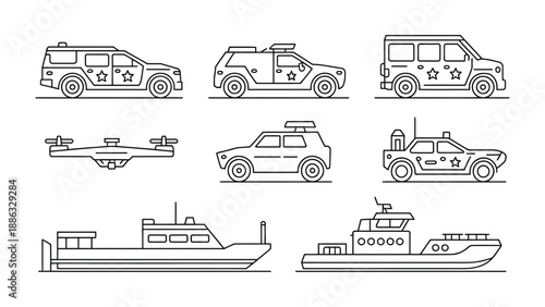 Vehicles Illustration: A sleek collection of vehicles, including cars, a drone, and boats, showcasing transportation options.