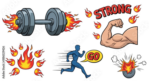 Dynamic Fitness Elements Collage Illustrating Strength and Motion