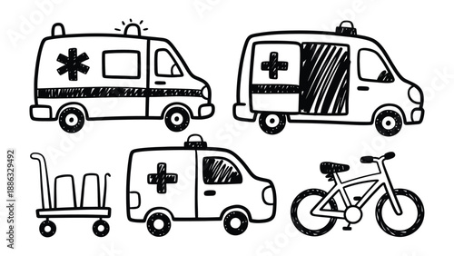 Emergency Vehicles: Hand-drawn illustrations depict an ambulance, cart, and bicycle, all symbols of assistance. This graphic illustrates essential aid, emergency response.