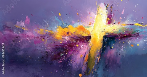 Graphic representation of an abstract Christian cross on a paintbrush‑inspired blood splatter texture