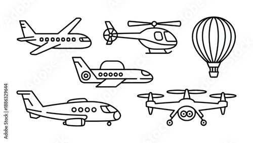 Aviation Icons: A collection of various aircraft icons, including airplanes, helicopters, and a hot air balloon, ideal for transportation, travel, and aviation-themed projects.