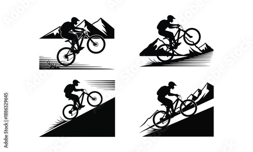 Mountain biking silhouette set extreme sport adventure cyclist trail rider