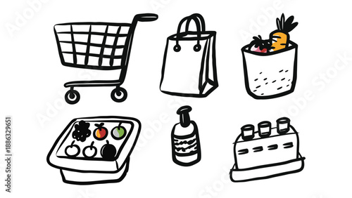 Shopping Essentials: A collection of simple line art of essential shopping items