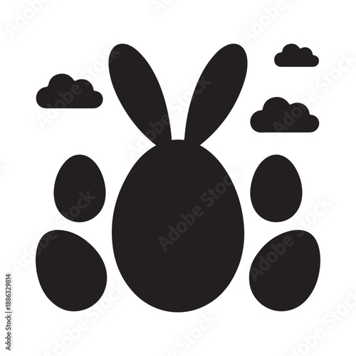 Black and white illustration of an easter egg with bunny ears and surrounding eggs