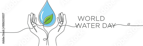 World Water Day continuous line art illustration with hands holding a water drop