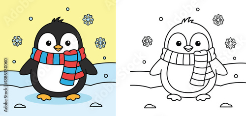 Cute Cartoon Penguin Wearing a Scarf Coloring Book Page and Colored Version Illustration Set for Kids Education, Winter Theme, Activity Sheet for Children and Preschoolers
