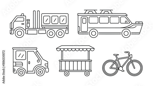 Line Art Transportation Set: A curated collection of transport illustrations, each meticulously outlined with clean lines, representing a diverse range of vehicles used in modern transport