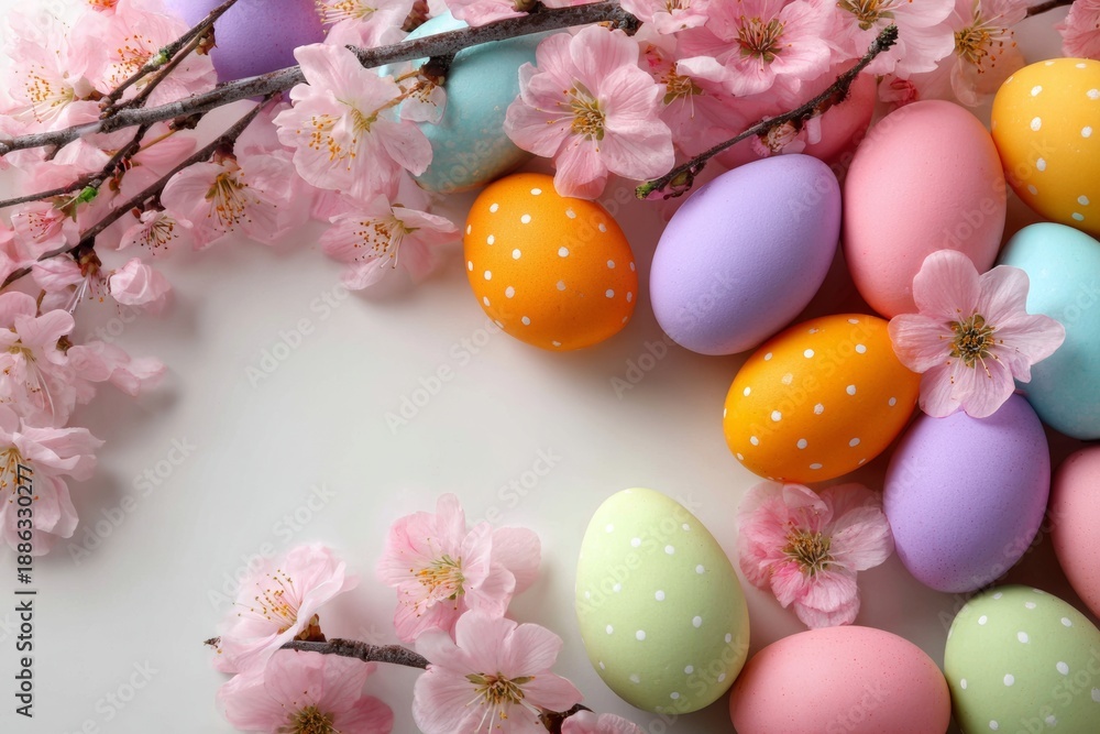 Fototapeta premium Stunning vivid floral motif with Easter eggs and pink and white blossoms, Easter background illustration, contemporary style