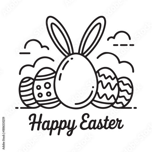 A simple easter illustration featuring an egg bunny ears and decorated eggs with text