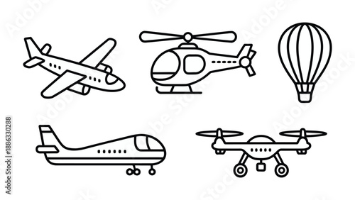 Transportation Collection: An assortment of line art illustrations showcases various modes of transportation. 