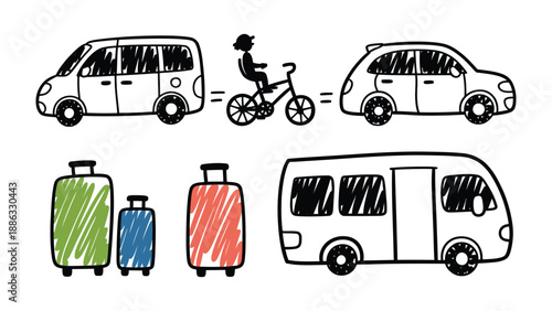 Illustration of Travel Essentials and Transport: An illustration showing essential transport and travel element, demonstrating the journey from initial transportation to travel preparation.