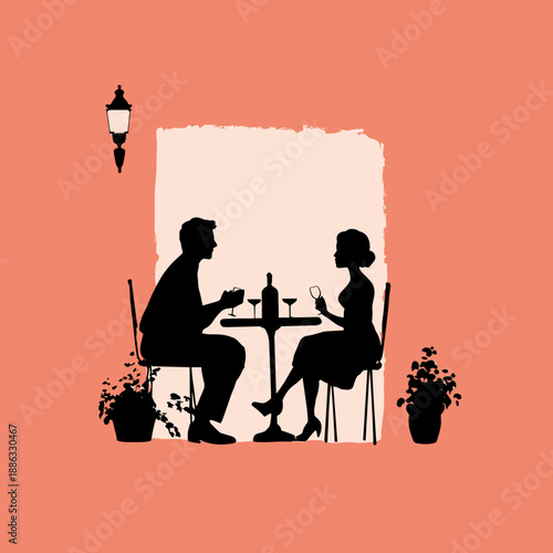 Romantic evening cafe scene with couple drinking wine silhouette illustration