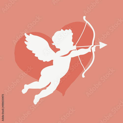 Cupid silhouette flying with bow and arrow over heart symbol of love