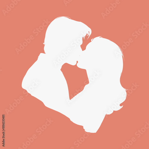 Minimal romantic silhouette of a couple kissing closely on soft pink coral background