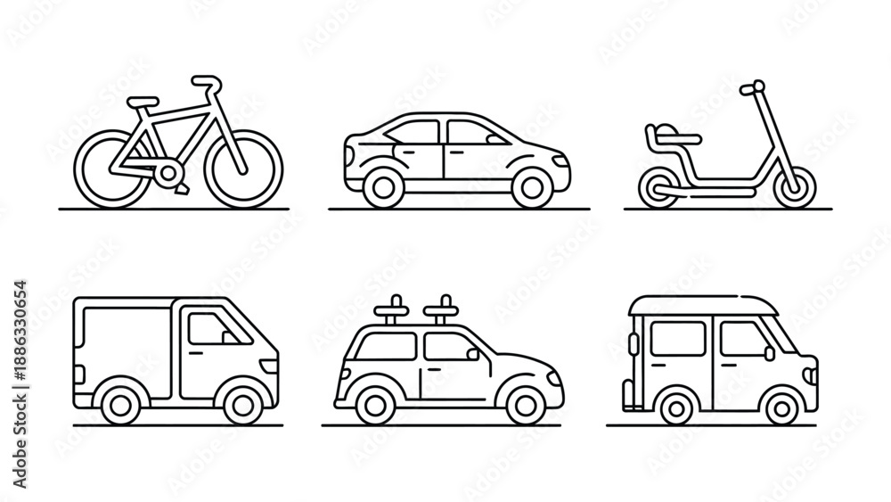 Fototapeta premium Transportation icons: A collection of transportation icons illustrates various modes of transport, from bicycle to car and scooter, capturing the essence of mobility.