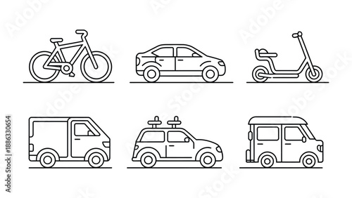 Transportation icons: A collection of transportation icons illustrates various modes of transport, from bicycle to car and scooter, capturing the essence of mobility.