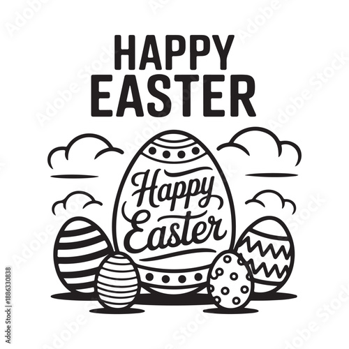 A festive easter illustration featuring decorated eggs clouds and bold happy easter lettering