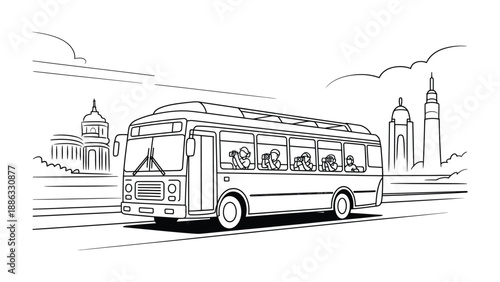 Journey in Motion: Depicting a communal bus, its silhouette gliding along a road, transporting people past city's famous architecture. A celebration of urban mobility and collective journeys.