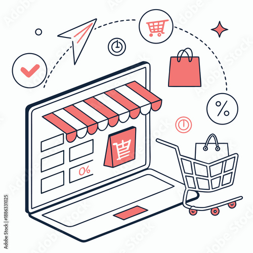 E commerce shopping concept with online store on laptop and shopping cart symbolizing digital retail and online marketing strategy
