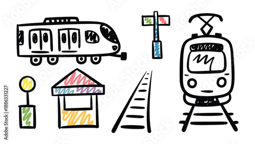 Transportation Icon Set: A vibrant collection of hand-drawn illustrations depicting various elements of public transportation.