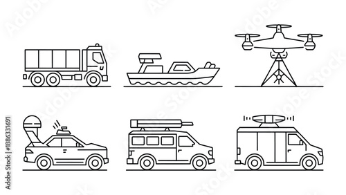 Transportation and Technology Illustration: A line art illustration showcasing diverse modes of transportation and modern technological devices, emphasizing functionality and design.